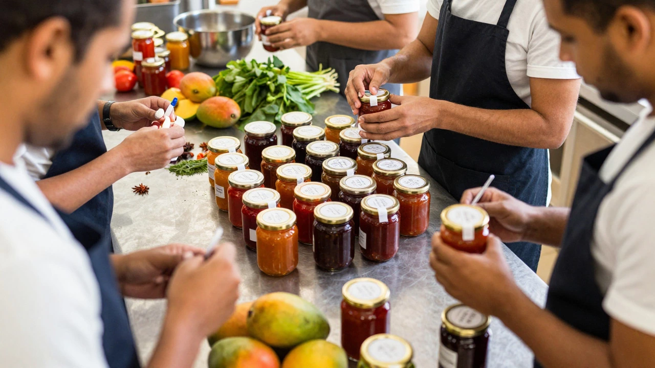 Workers filling jars with organic jam in a small-batch kitchen