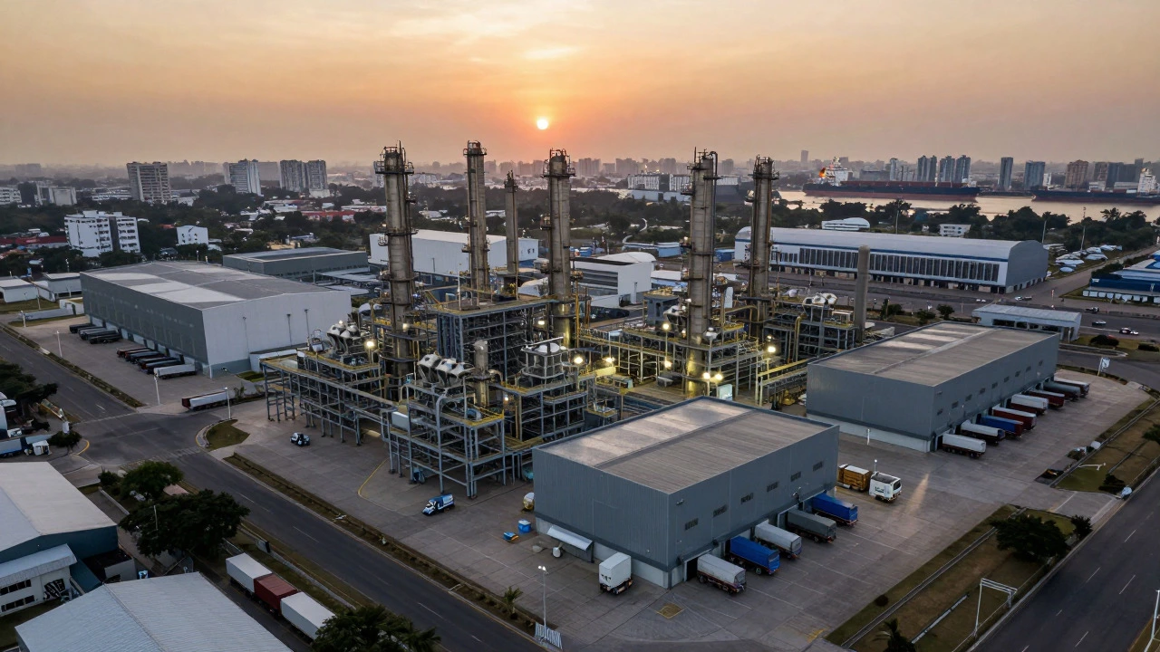 Aerial view of a large pharmaceutical manufacturing plant in India at sunset