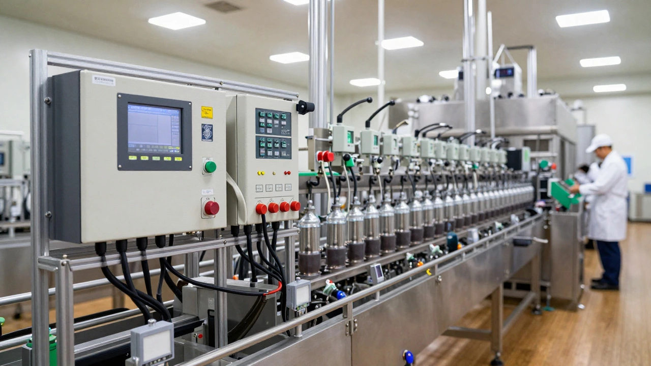 Automated bottling line in a factory with visible PLC control units
