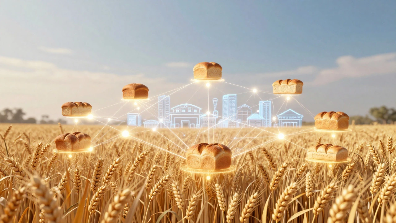 Digital network connecting farm fields to city markets showing traceability