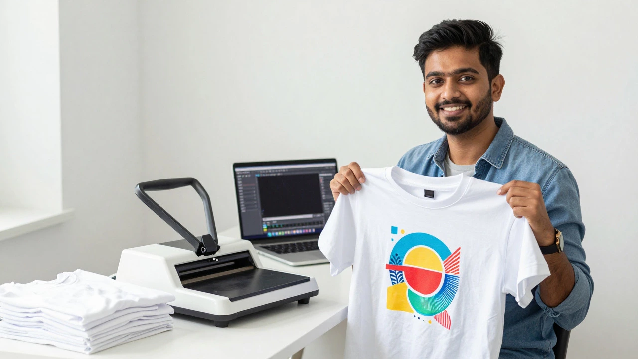 Entrepreneur showing off custom printed t-shirt at home