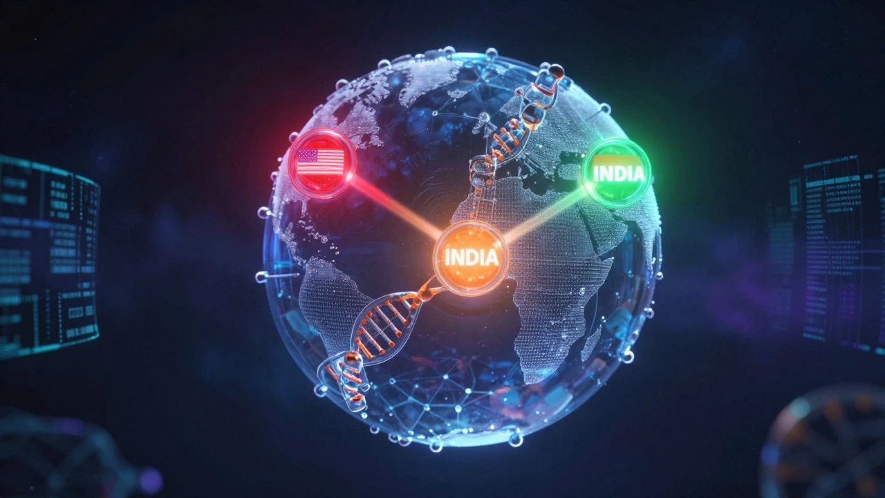 Futuristic globe illustration connecting US, India, and China pharma hubs with data streams
