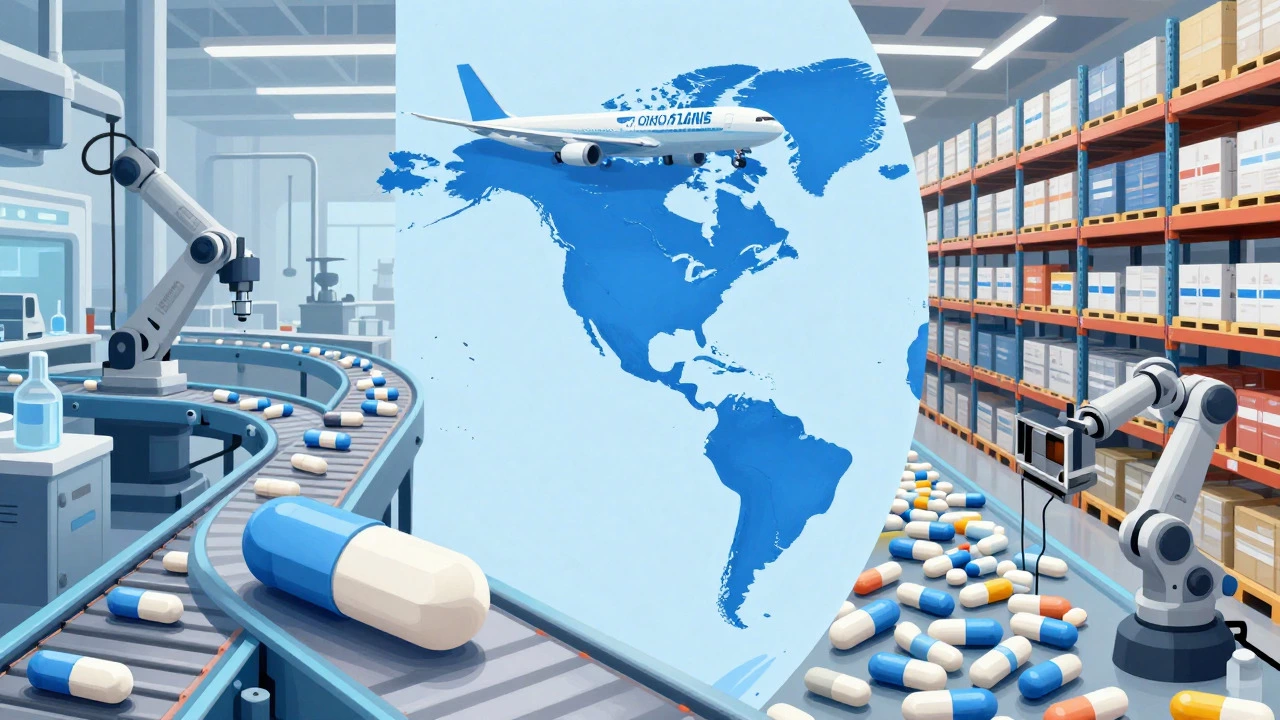 Illustration showing the global supply chain of drugs from Indian factories to US warehouses