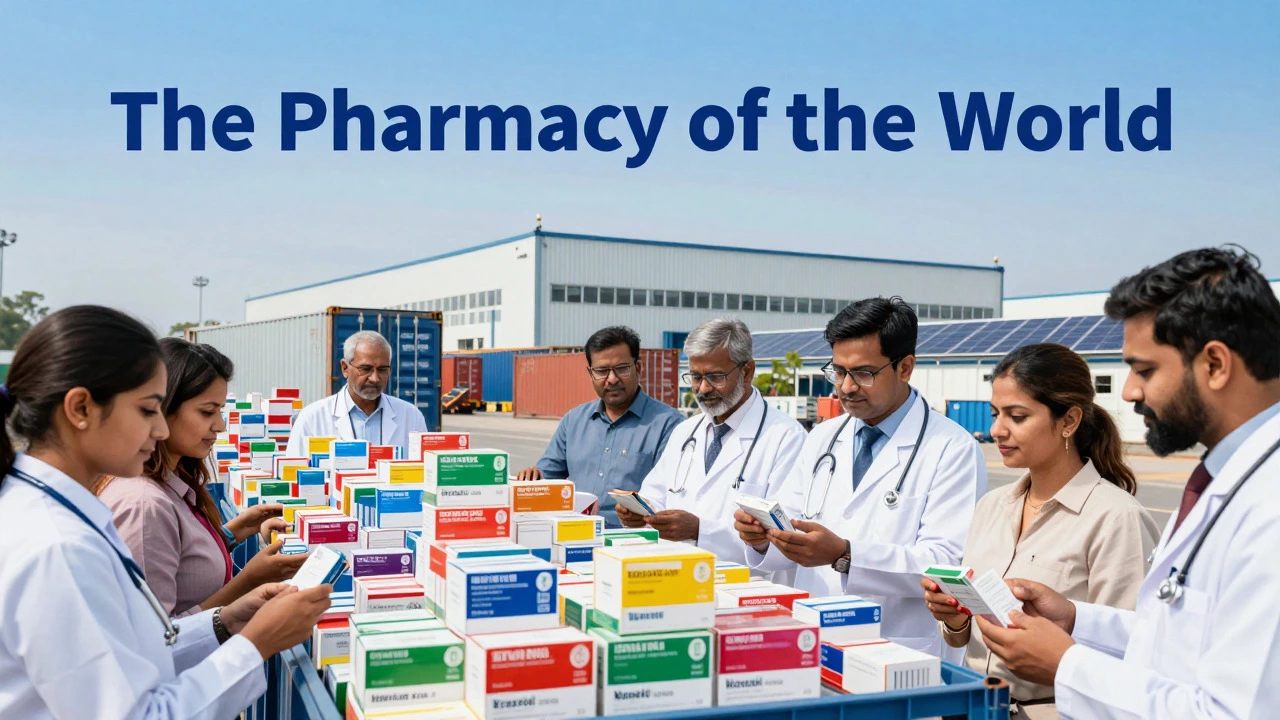Logistics scene showing generic medicines being exported from an Indian factory