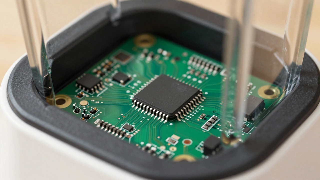 Macro shot of a microcontroller chip on a green circuit board inside an appliance