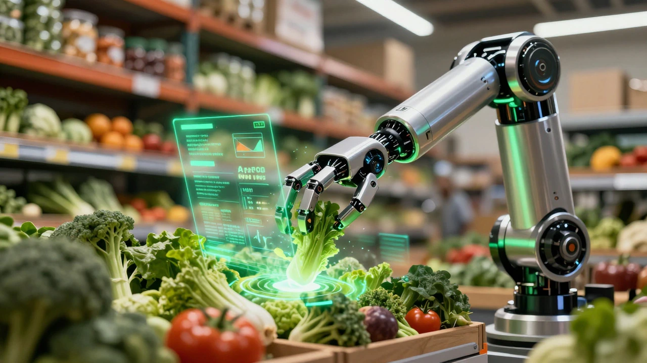 Robotic arm handling produce with holographic sustainability data