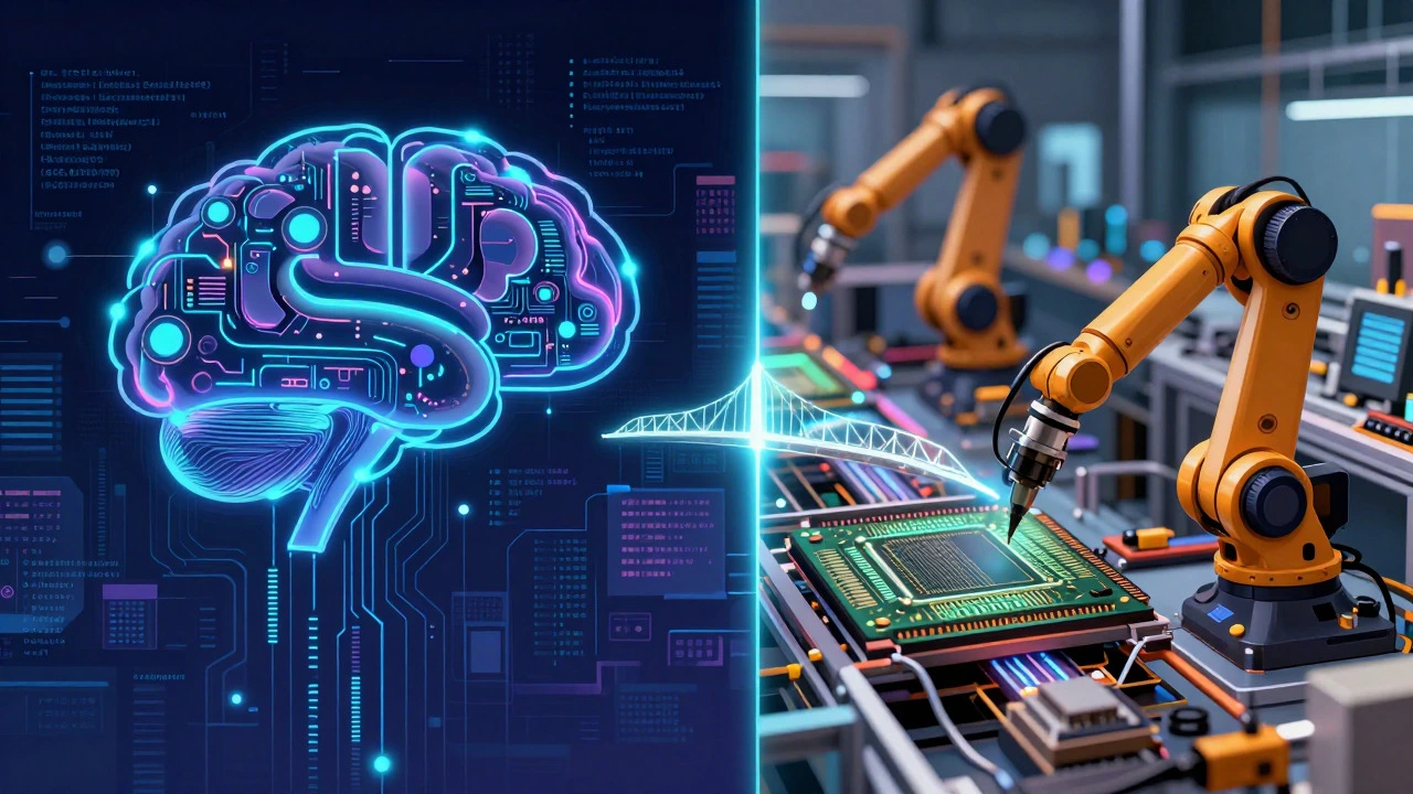Split view showing software design vs hardware chip manufacturing