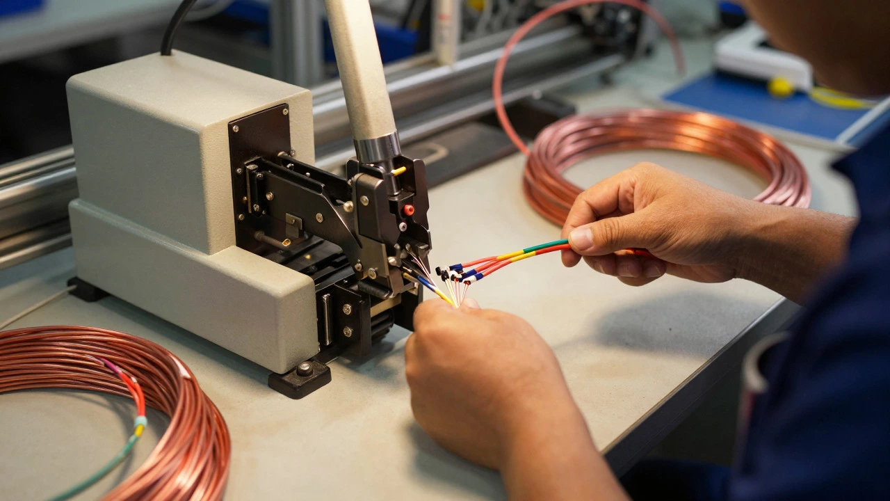 Worker operating fiber optic cable crimping equipment