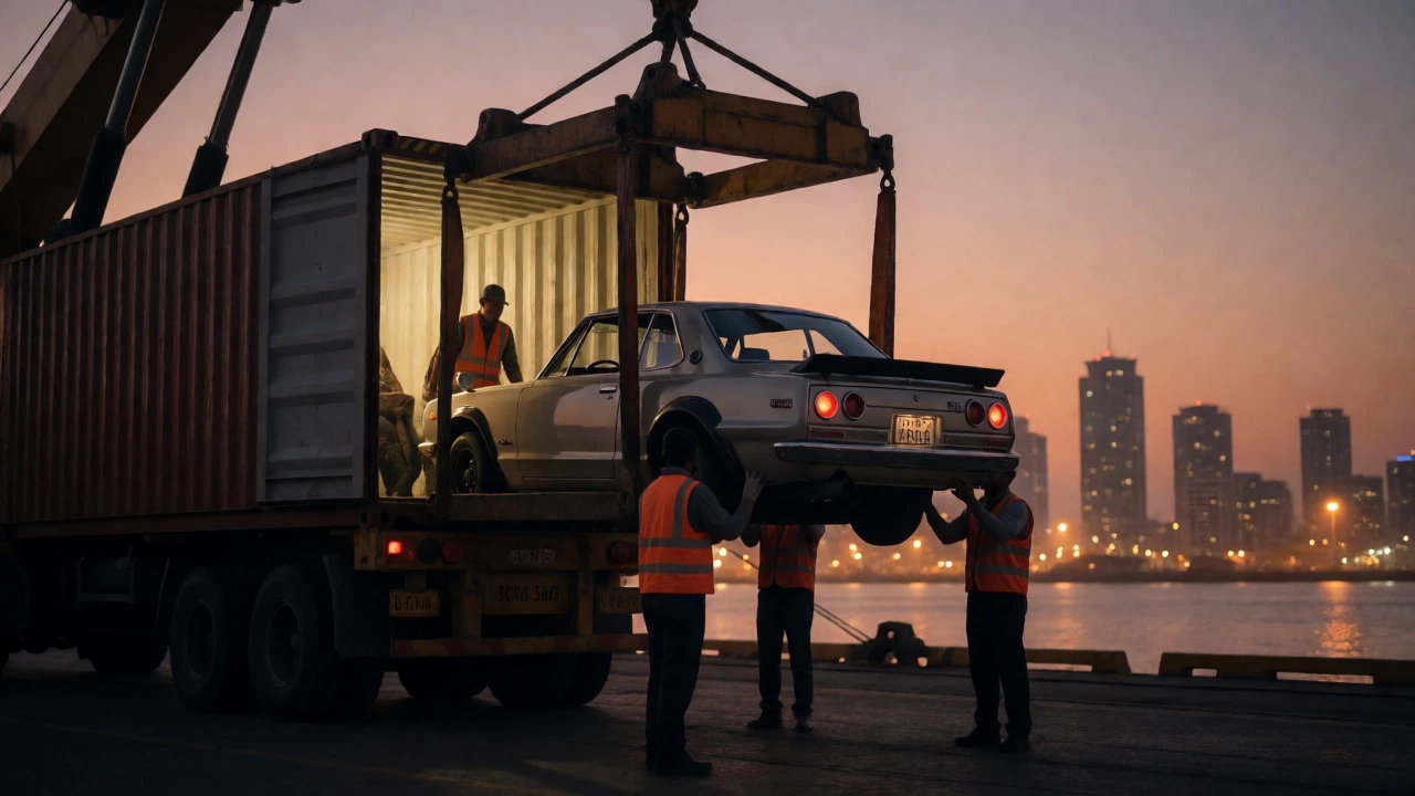 A vintage sports car being unloaded from a container at Mumbai port at dusk.