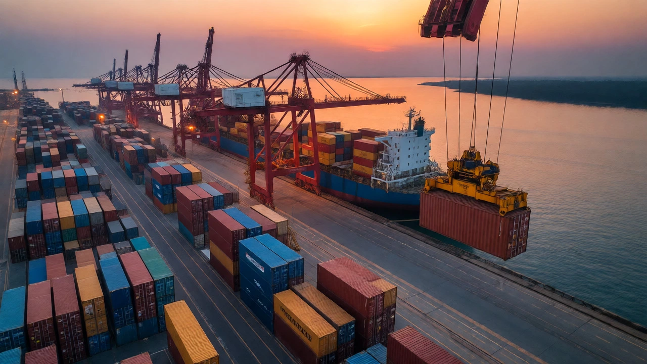 Aerial view of an Indian shipping port with cranes loading furniture export containers.