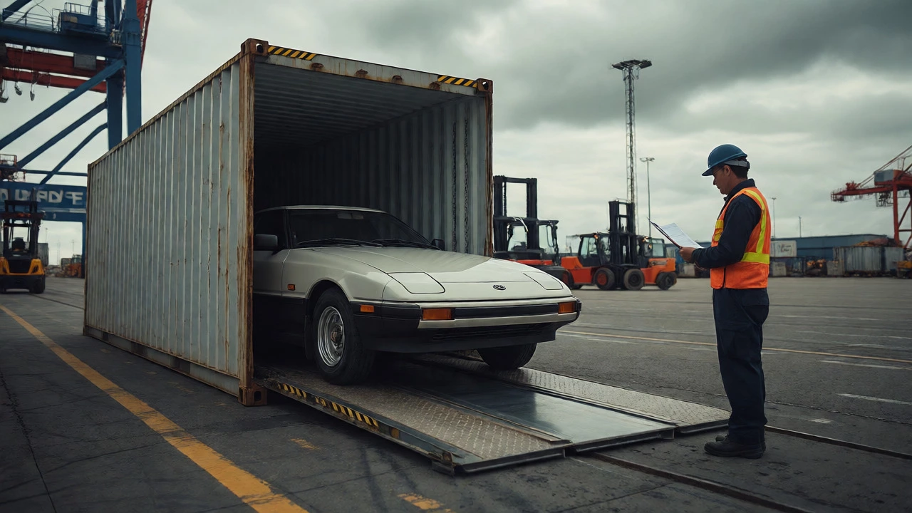 Classic Japanese car being unloaded from shipping container at port