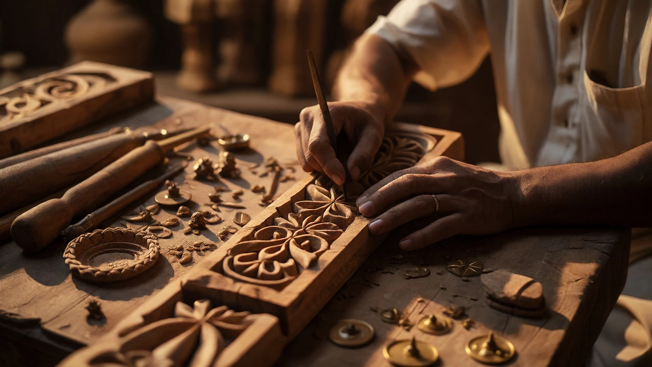 Close-up of Indian craftsman carving detailed patterns into mango wood