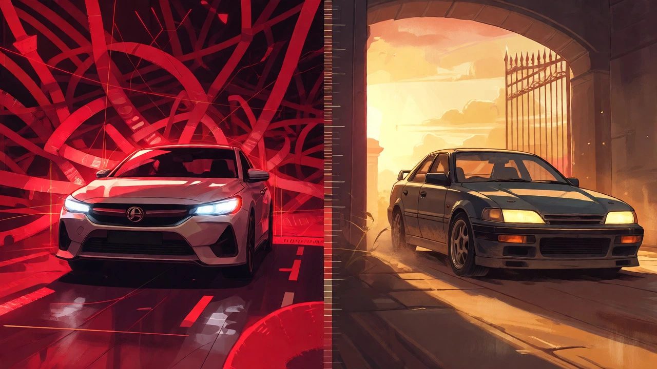 Conceptual art comparing modern regulated cars vs exempt 25-year classics