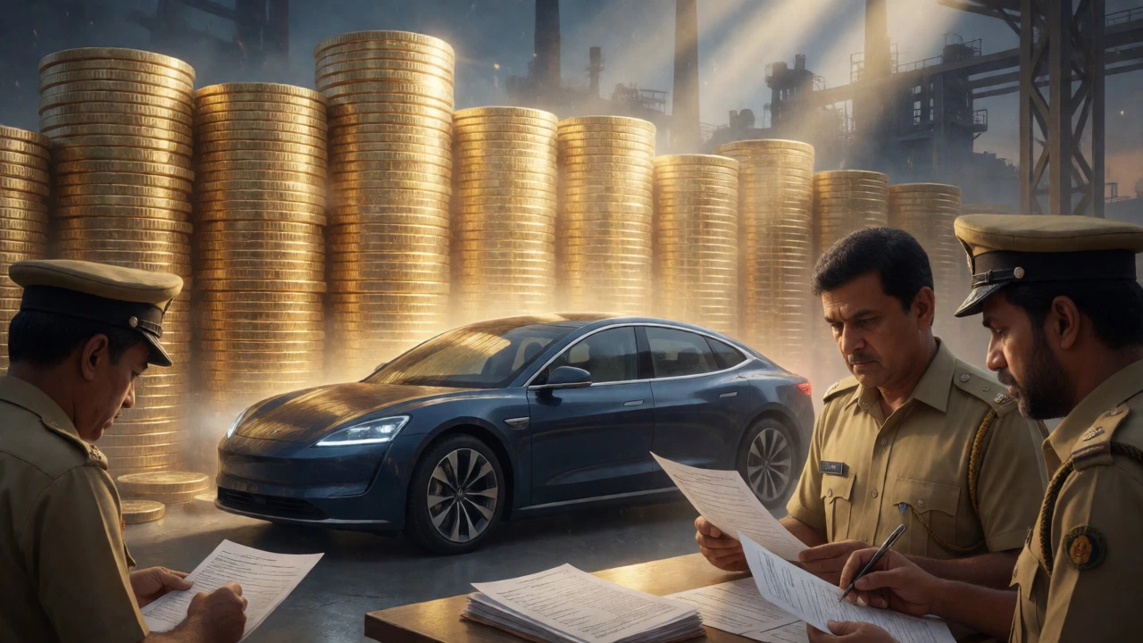 Conceptual image of a wall of taxes blocking an imported electric car.
