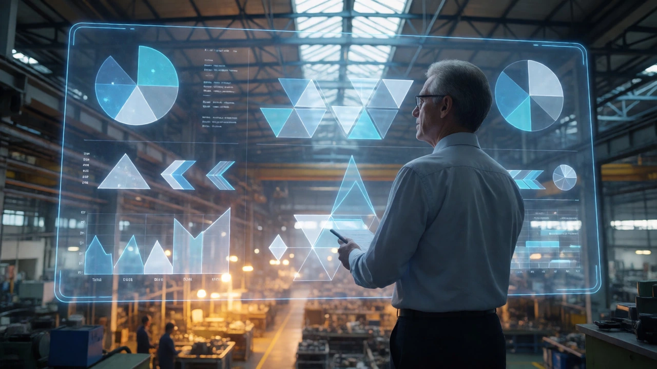 Executive viewing holographic data overlays above a manufacturing plant.