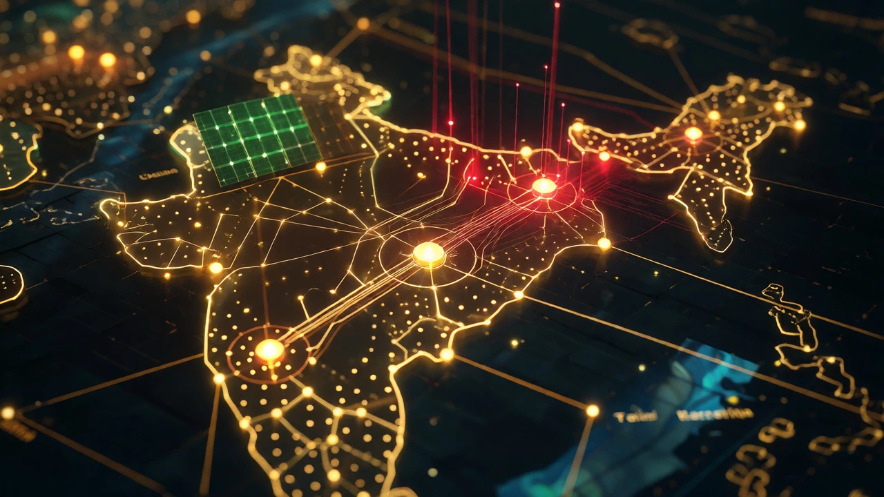 Glowing map of India highlighting key electronics export hubs like Chennai and Bangalore