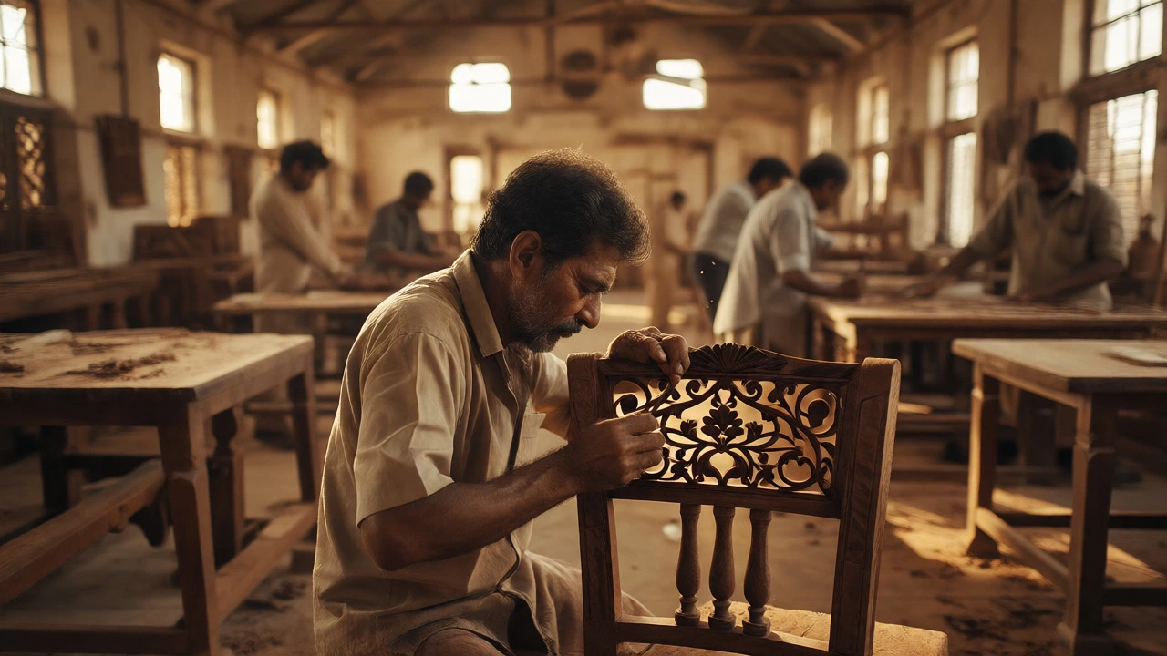 Indian artisan hand-carving intricate designs into a wooden chair in a sunlit workshop.