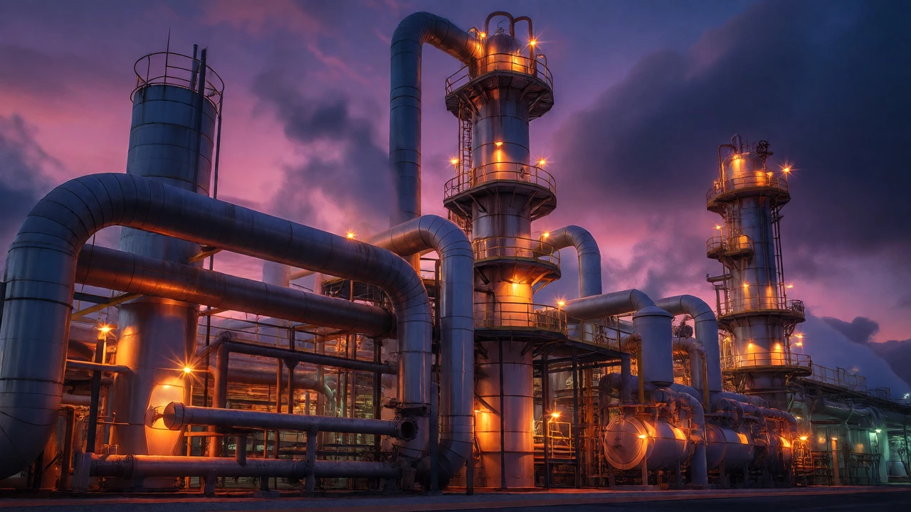 Massive oil refinery infrastructure operating continuously under twilight lights.