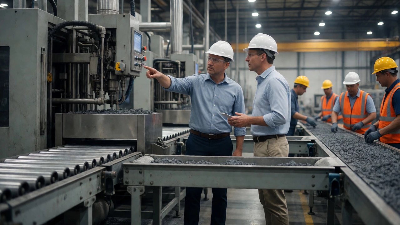 Plant manager and operations director discussing machinery on the production line.