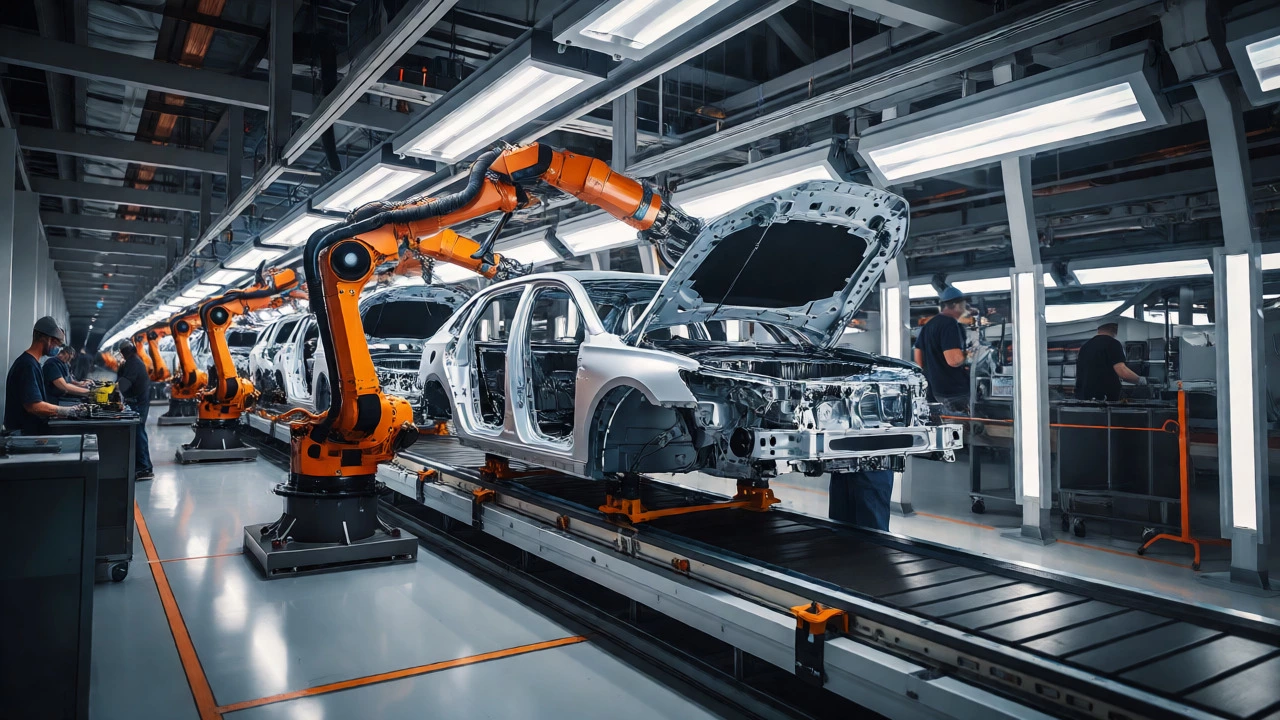 Robotic arms assembling cars on a high-speed automated production line.