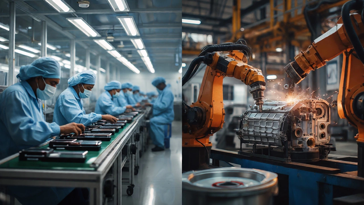 Split view of smartphone assembly in Noida and appliance manufacturing in Tamil Nadu