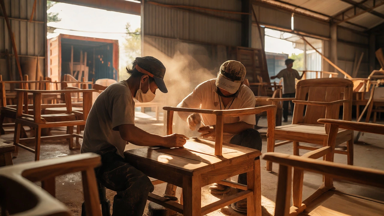 Vietnamese artisans hand-finishing wooden furniture in a sunlit workshop