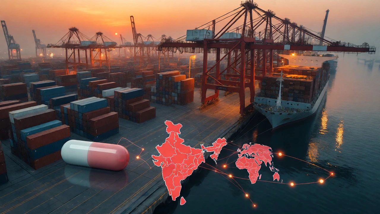 Aerial view of a busy Indian shipping port with containers and global trade route visualization.