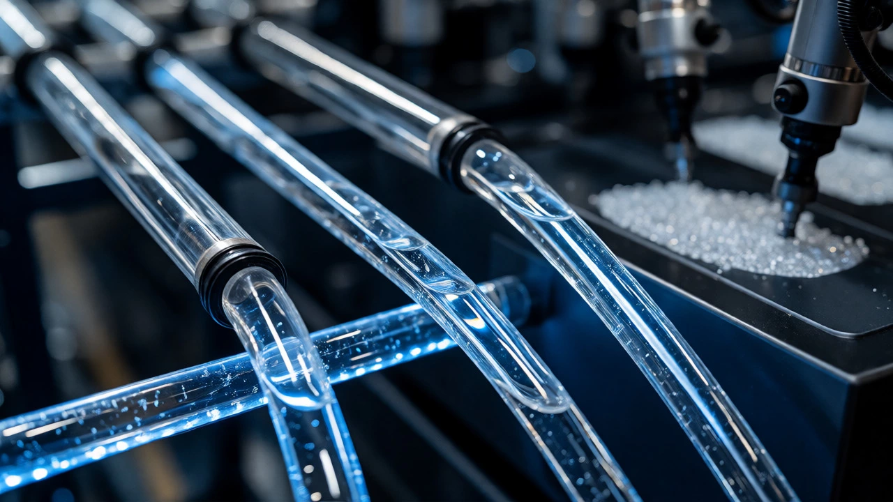 Clear liquid chemicals flowing through pipes in a modern petrochemical facility
