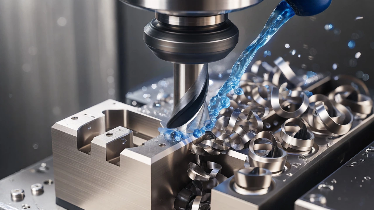 CNC mill cutting a titanium block with flying metal shavings