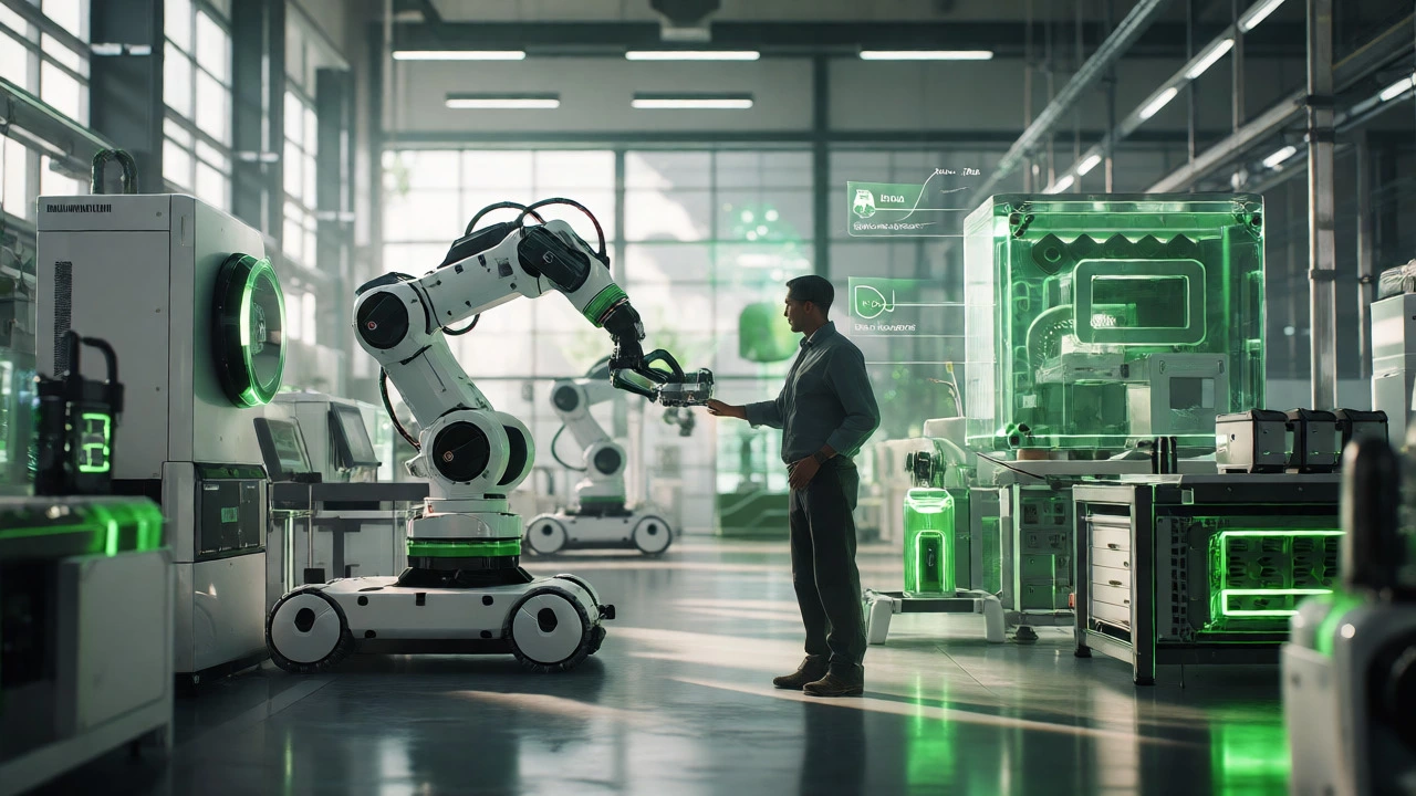 Collaborative robots and green tech machinery in a futuristic sustainable Indian factory.