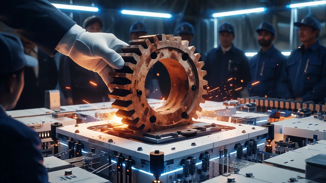Conceptual art showing an American steel gear integrating into tech machinery