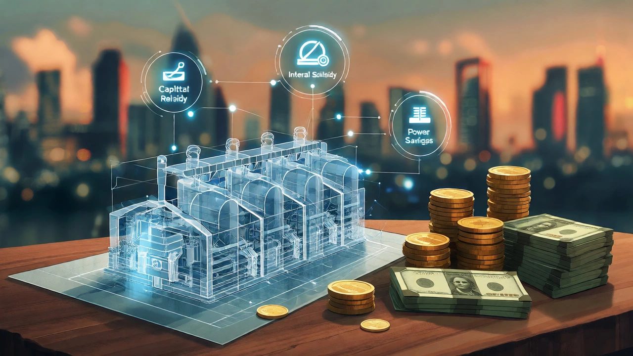 Conceptual illustration of textile mill blueprints with money and incentive icons