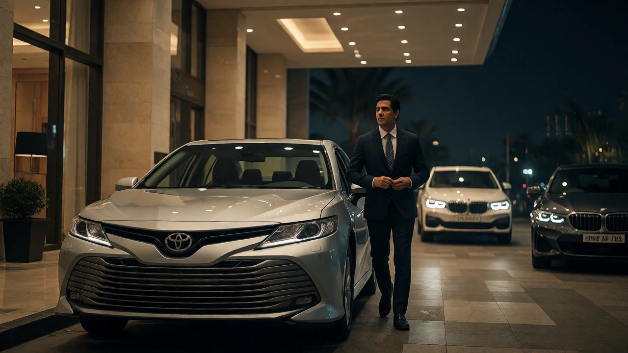Indian executive exiting a silver Toyota Camry at a luxury hotel