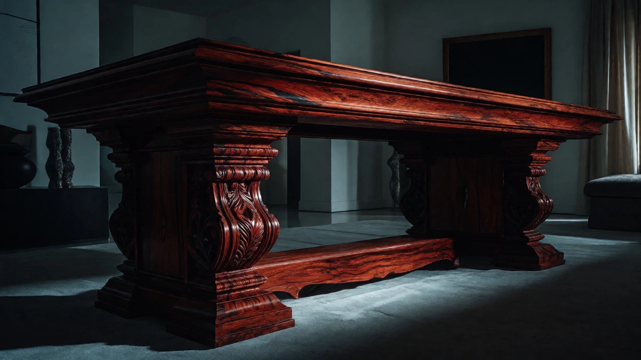 Luxurious carved Indian Rosewood console table with deep red and black streaks in a modern room.