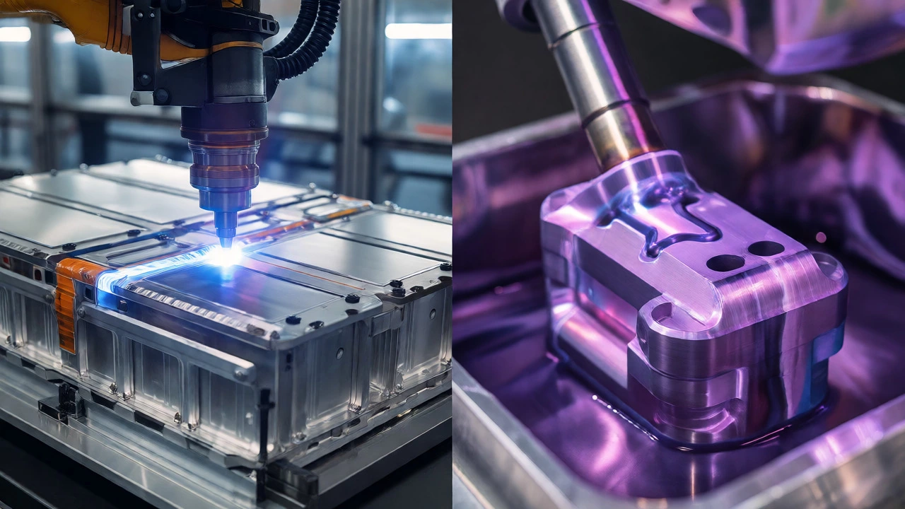 Robotic laser welding next to parts undergoing anodizing finishing