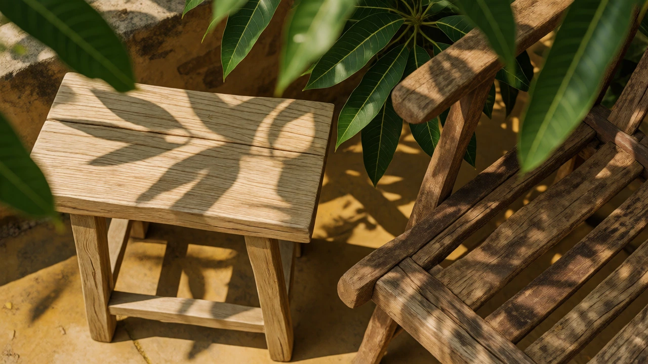 Rustic Neem stool and Acacia chair on a sunny terrace surrounded by mango leaves.