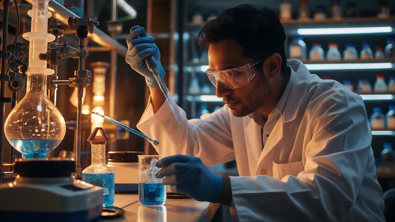 Scientist conducting research in a high-tech laboratory with glassware and chemical equipment.