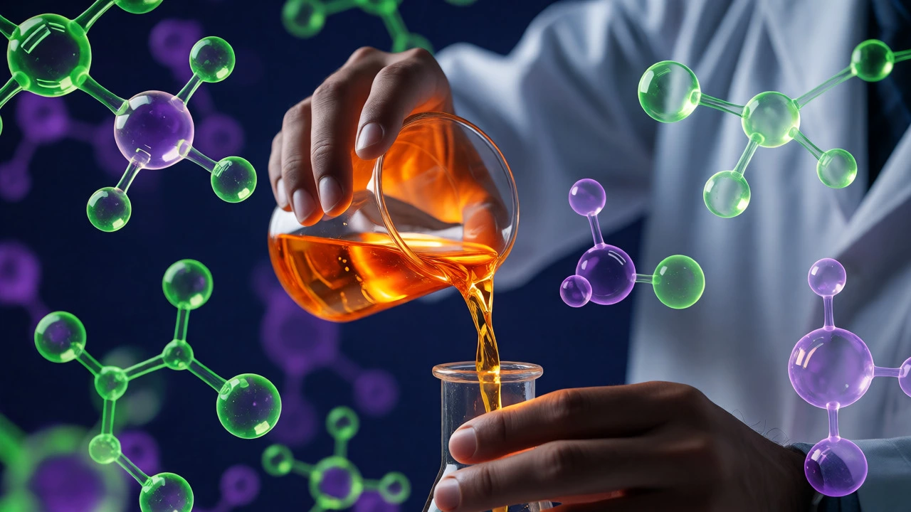 Scientist mixing glowing liquids in a lab with floating molecular structures