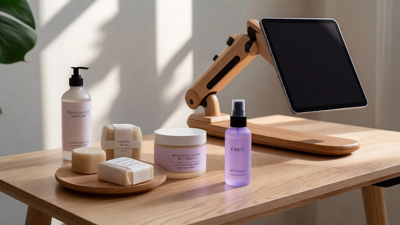 Solid toiletries and ergonomic desk accessories on a wooden surface