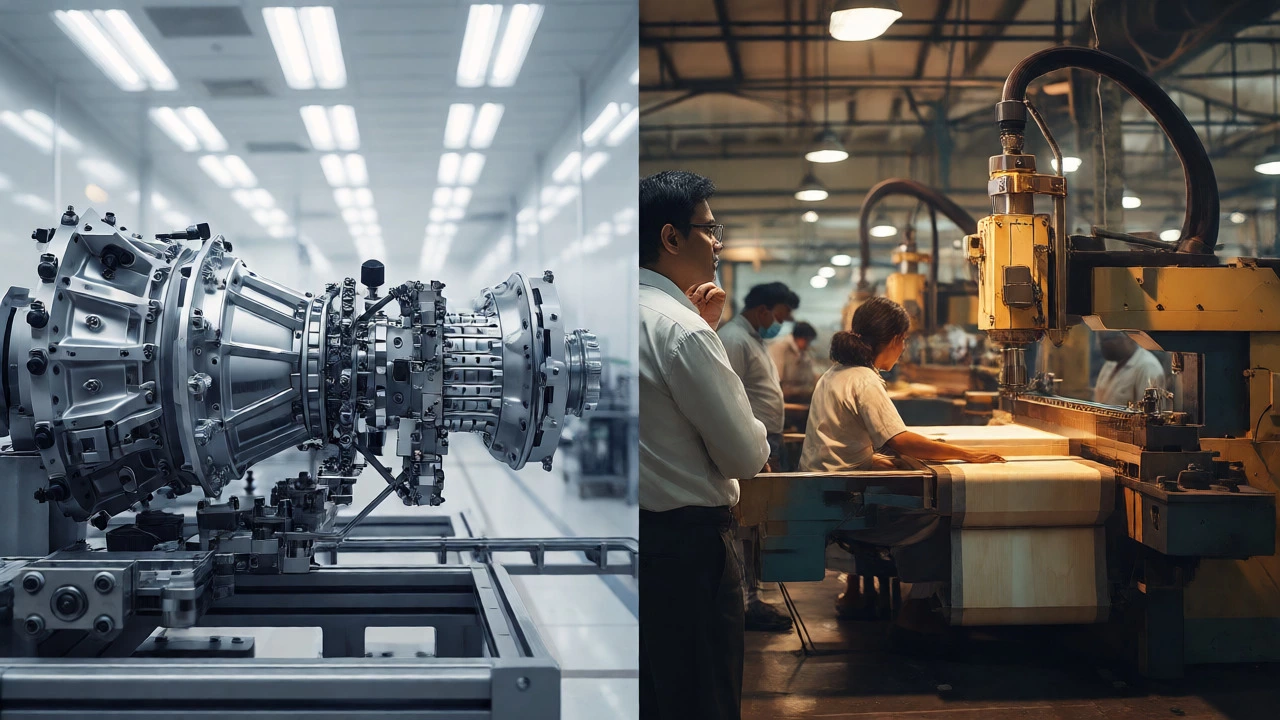 Split view comparing precise German machinery with cost-effective Chinese industrial equipment.