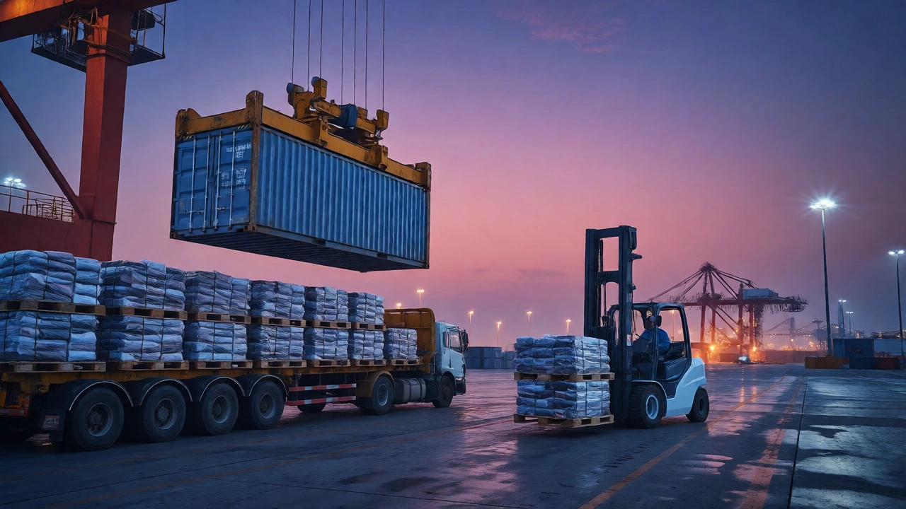 Textile exports at Mundra Port with shipping containers and cranes at twilight